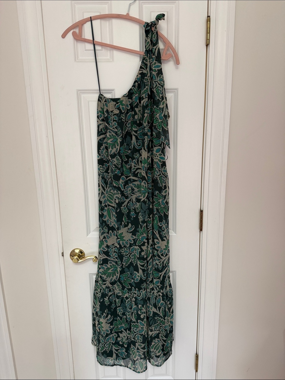 LOFT Dark Green Floral One-Shoulder Maxi Dress
